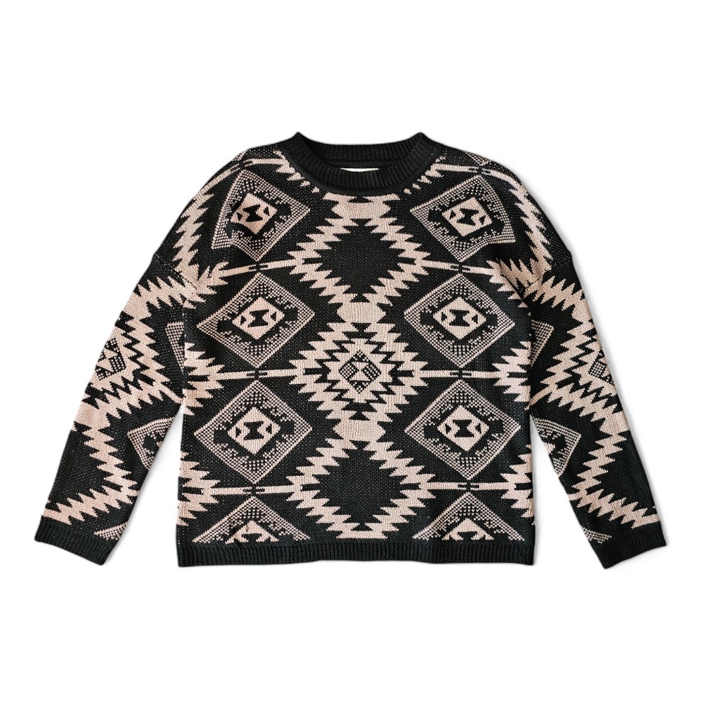 Lumiere Black & Beige Southwest-Inspired Knit Sweater – Size M – 100% Acrylic